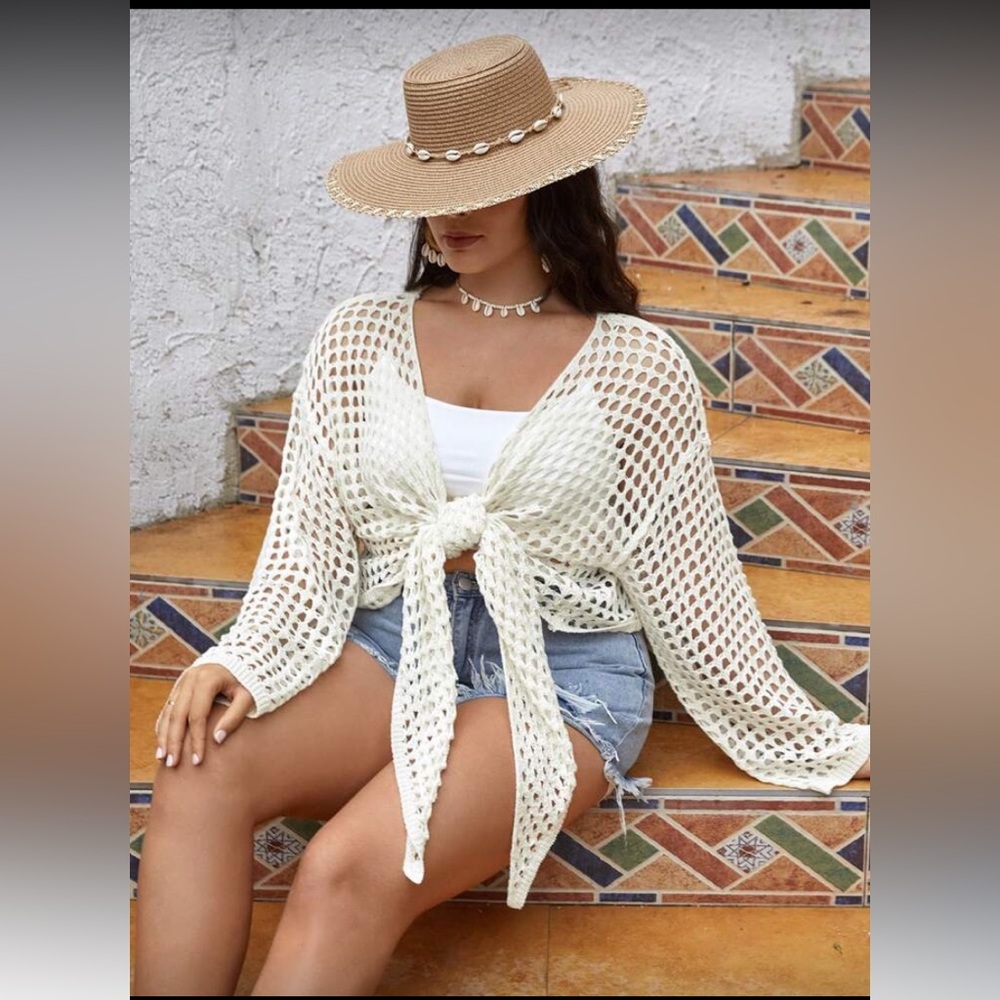 Chic Cream Tie-Front Crochet Cardigan